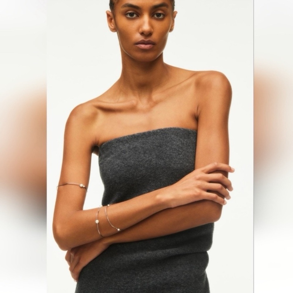🩶 ZARA GREY WOOL STRAPLESS FITTED RUCHED MIDI DRESS! - Picture 6 of 16